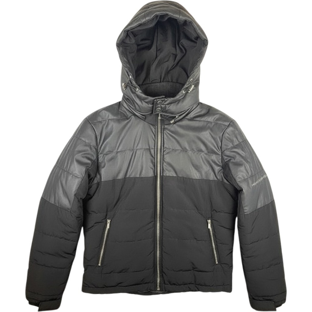 Maniere De Voir Mens XL Black Two Tone Puffer Jacket Hooded Streetwear Padded